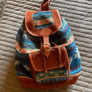 Genuine Leather Aztec Print Backpack